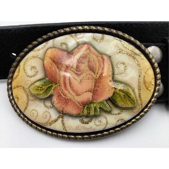 Debbie Brooks NY Black Suede Leather Belt Size M Ornate Glitter Rose Buckle Art main image 7